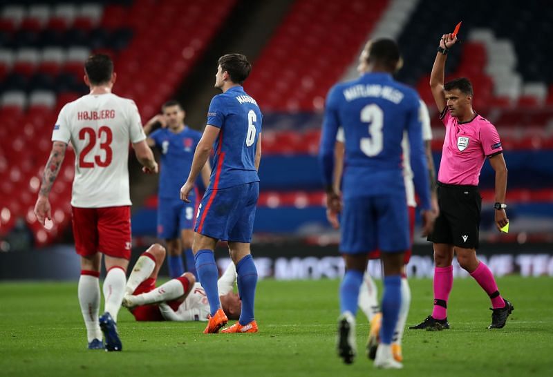 <a href='https://www.sportskeeda.com/player/harry-maguire' target='_blank' rel='noopener noreferrer'>Maguire</a>'s torrid start to the season does not seem to be getting better as he was sent off against Denmark